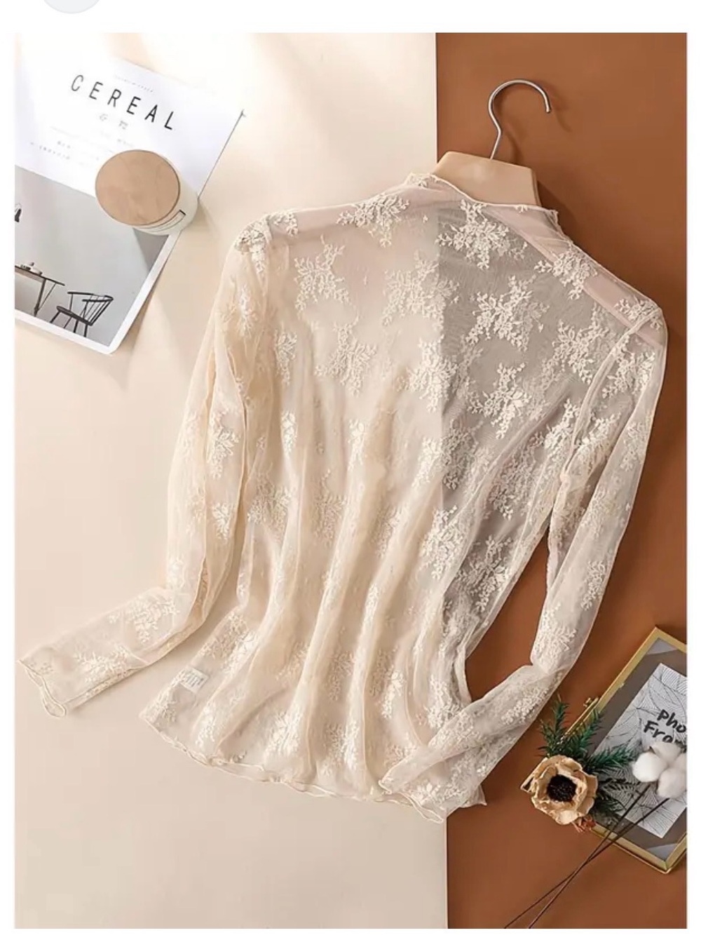 Sheer Floral Lace Long-Sleeve Blouse in Cream